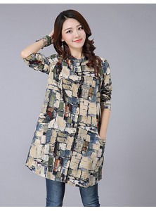 Women's Going out Street chic Fall Shirt,Print Shirt Collar Long Sleeve Blue / Red / Green Polyester Thin