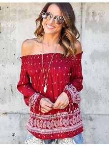 Women's Casual/Daily Sexy / Street chic Backless Bandage Spring / Fall T-shirt Print Boat Neck Long Sleeve Red